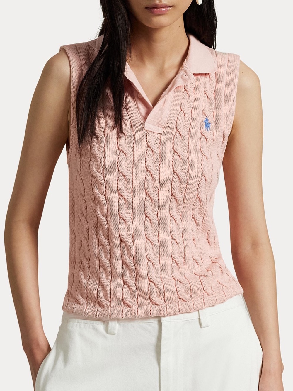 Ralph Lauren Blush Pink Sleeveless Cable-Knit Polo Top